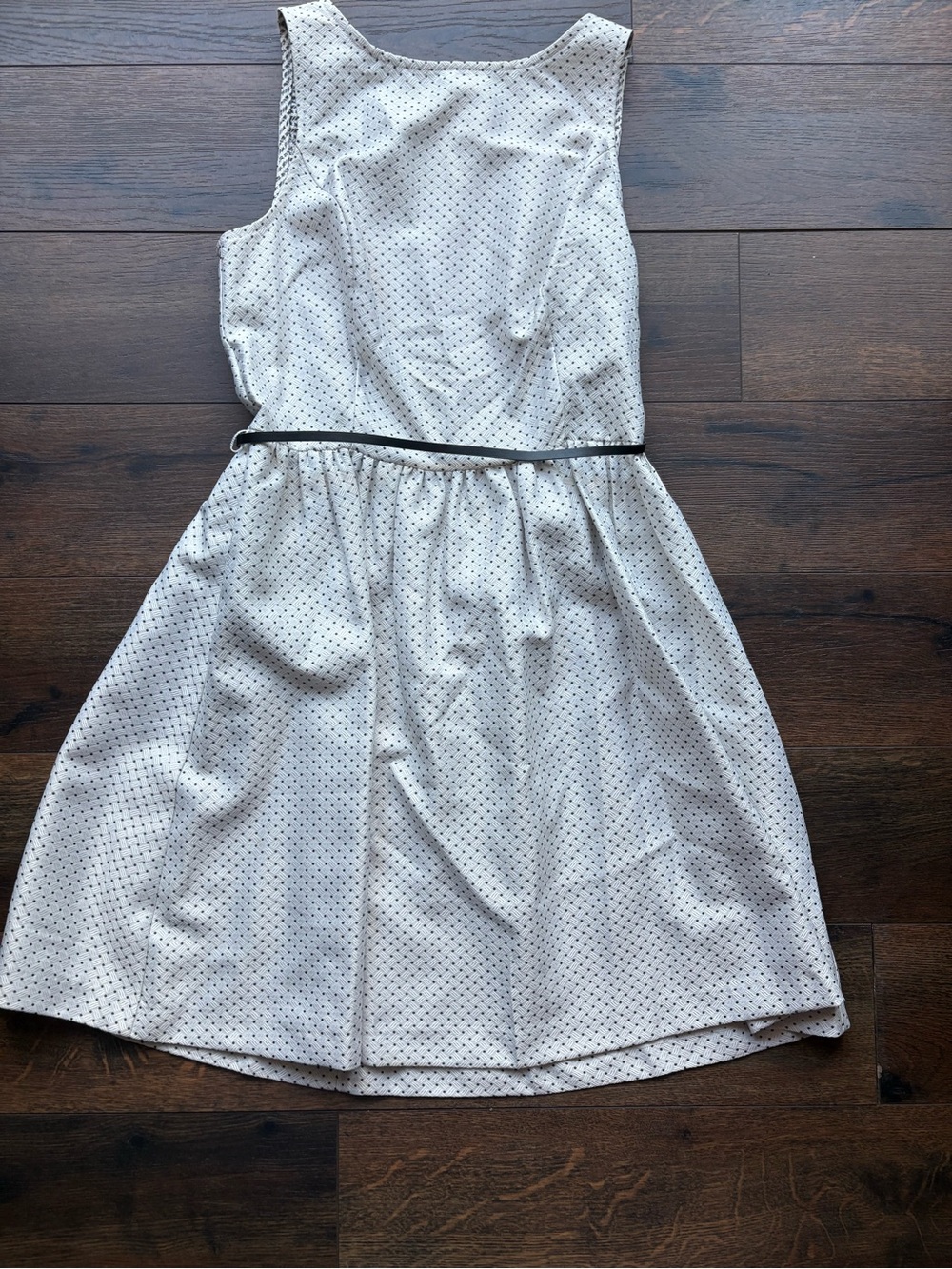 Sleeveless White Polka Dot Midi Dress with Black Trim